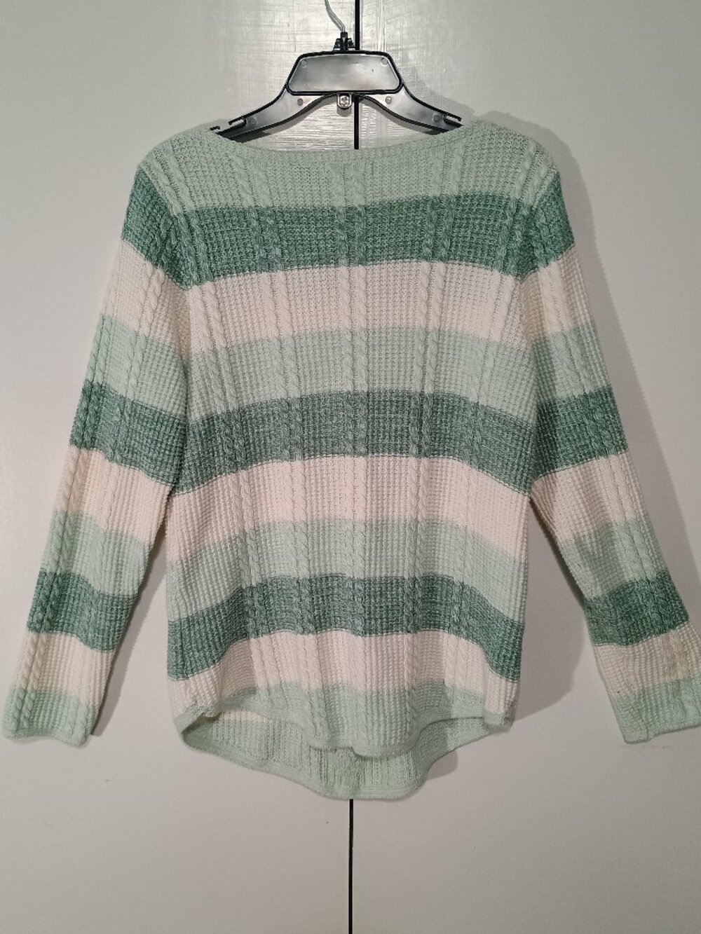 Jeanne Pierre Mint Green White Striped Cable Knit Sweater Women’s 100% Cotton - Picture 3 of 8